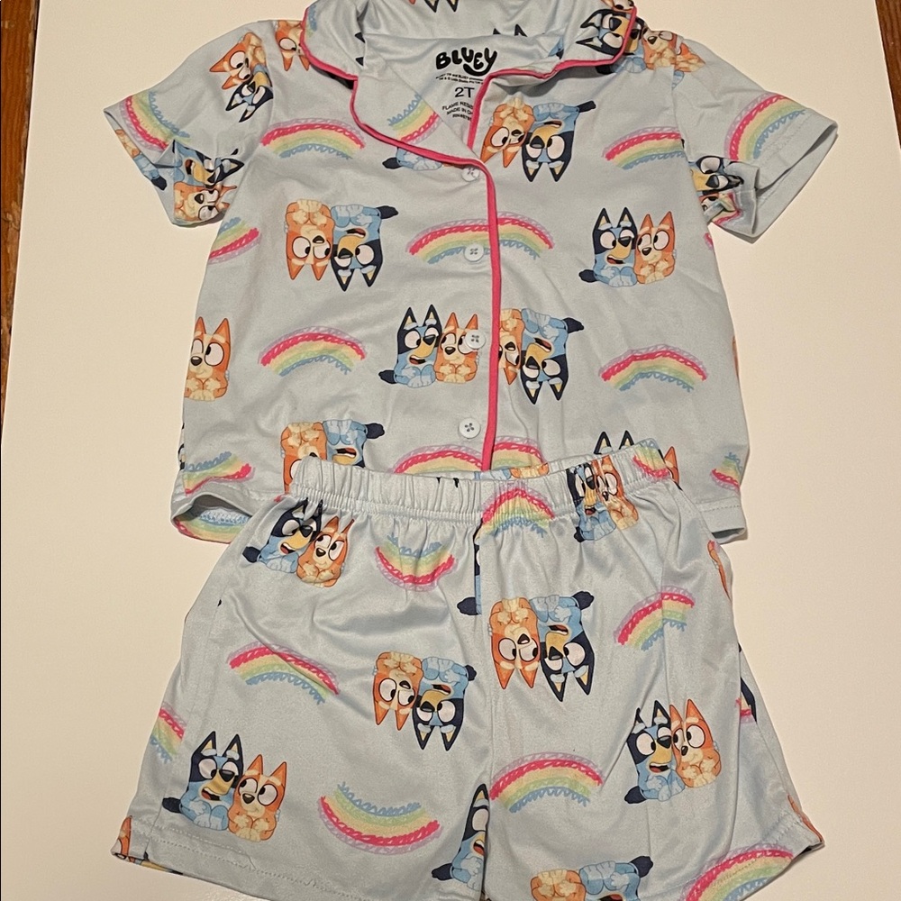 BLUEY Toddler 2T Light Blue Rainbow Pajama Set Short Sleeve & Shorts Button Up